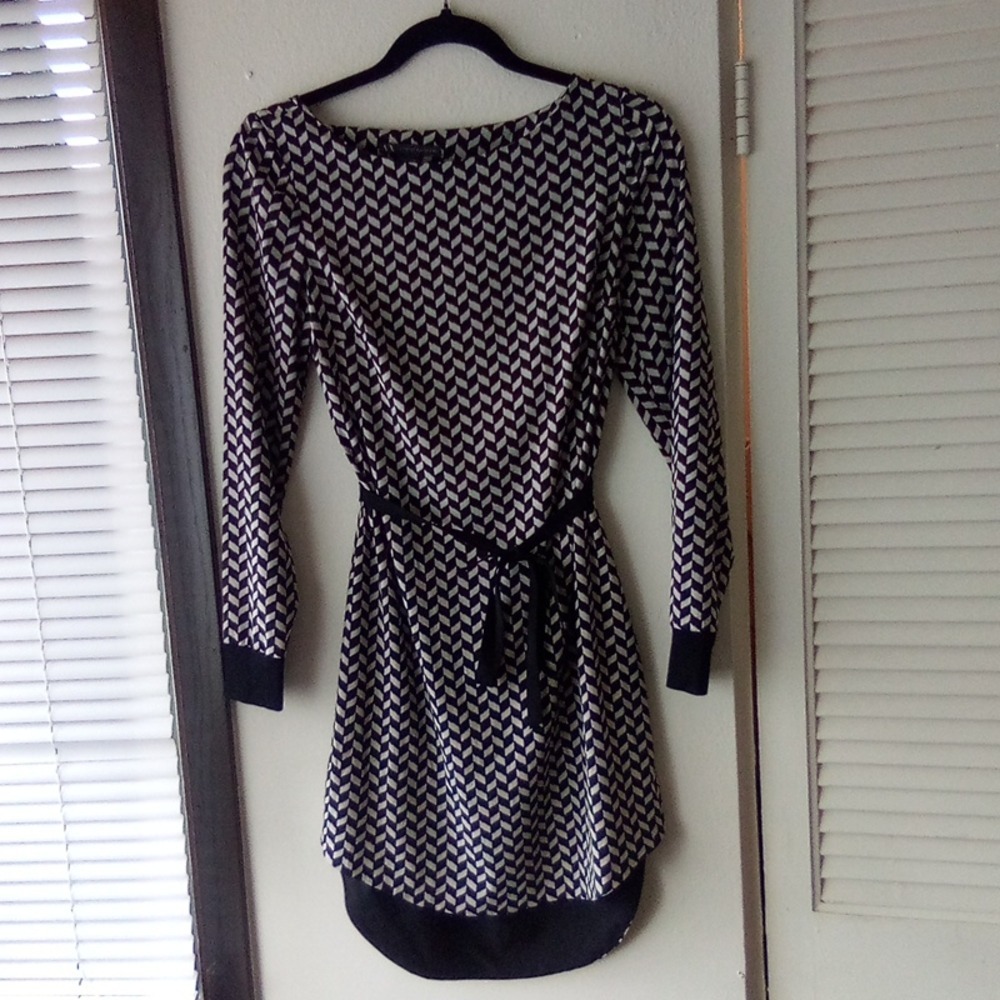 Armani Exchange Navy White Geometric Chevrn Mini Dress Long Sleeve Belted Size 0